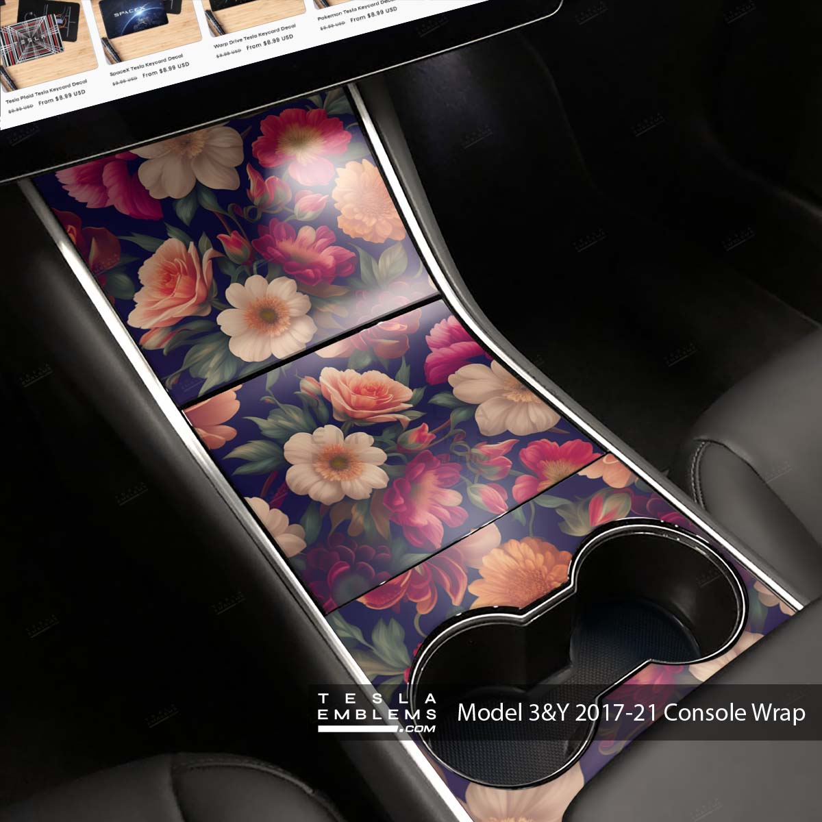 Midnight Bloom Tesla Center Console Wrap Kit | 2017-2021 Model 3 & Y - Tesla Emblems