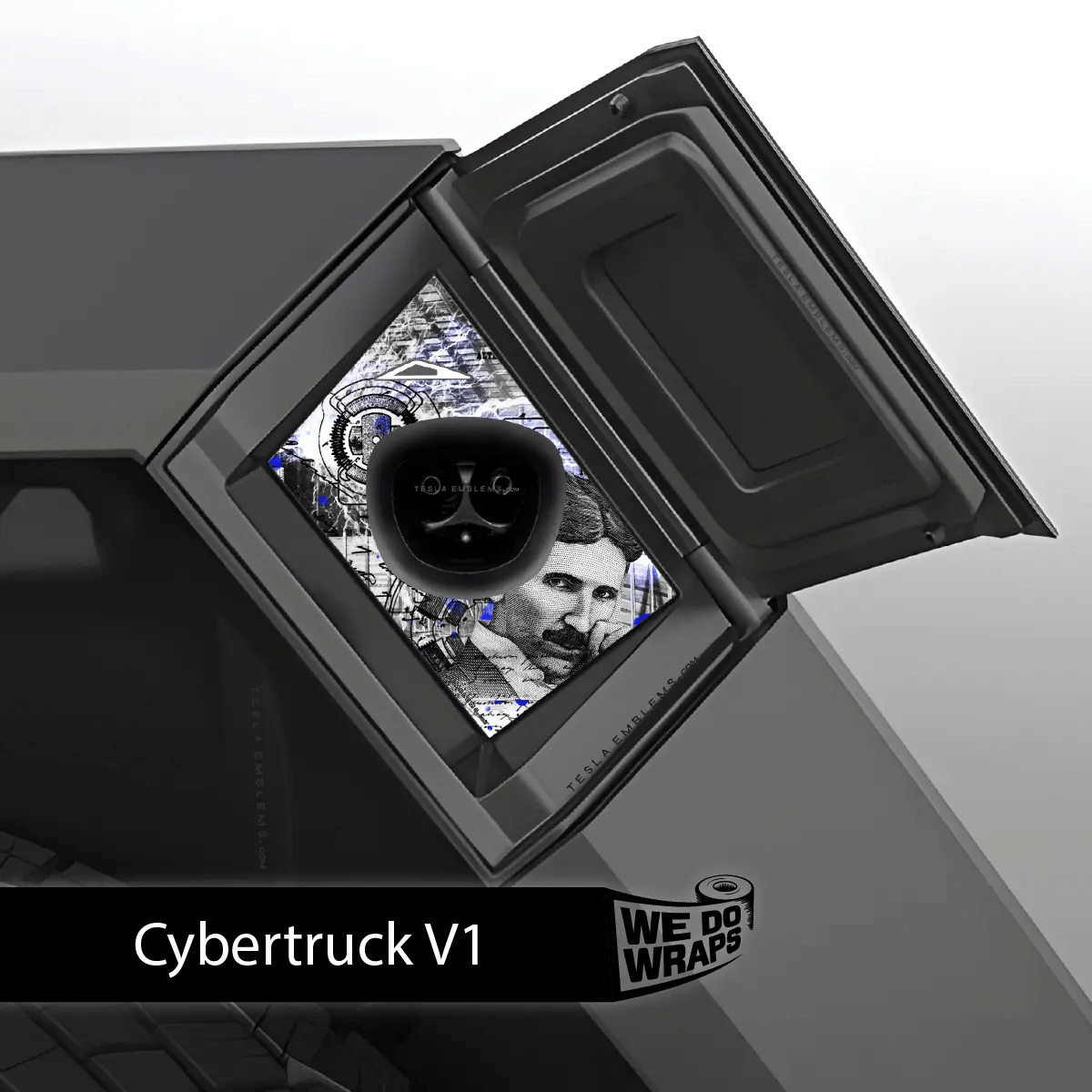 Nikola Tesla Steampunk / Trash Polka Tesla Charge Port Wrap | Cybertruck - Tesla Emblems