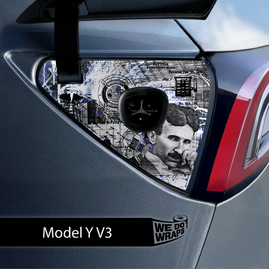 Nikola Tesla Steampunk / Trash Polka Tesla Charge Port Wrap | Model Y - Tesla Emblems