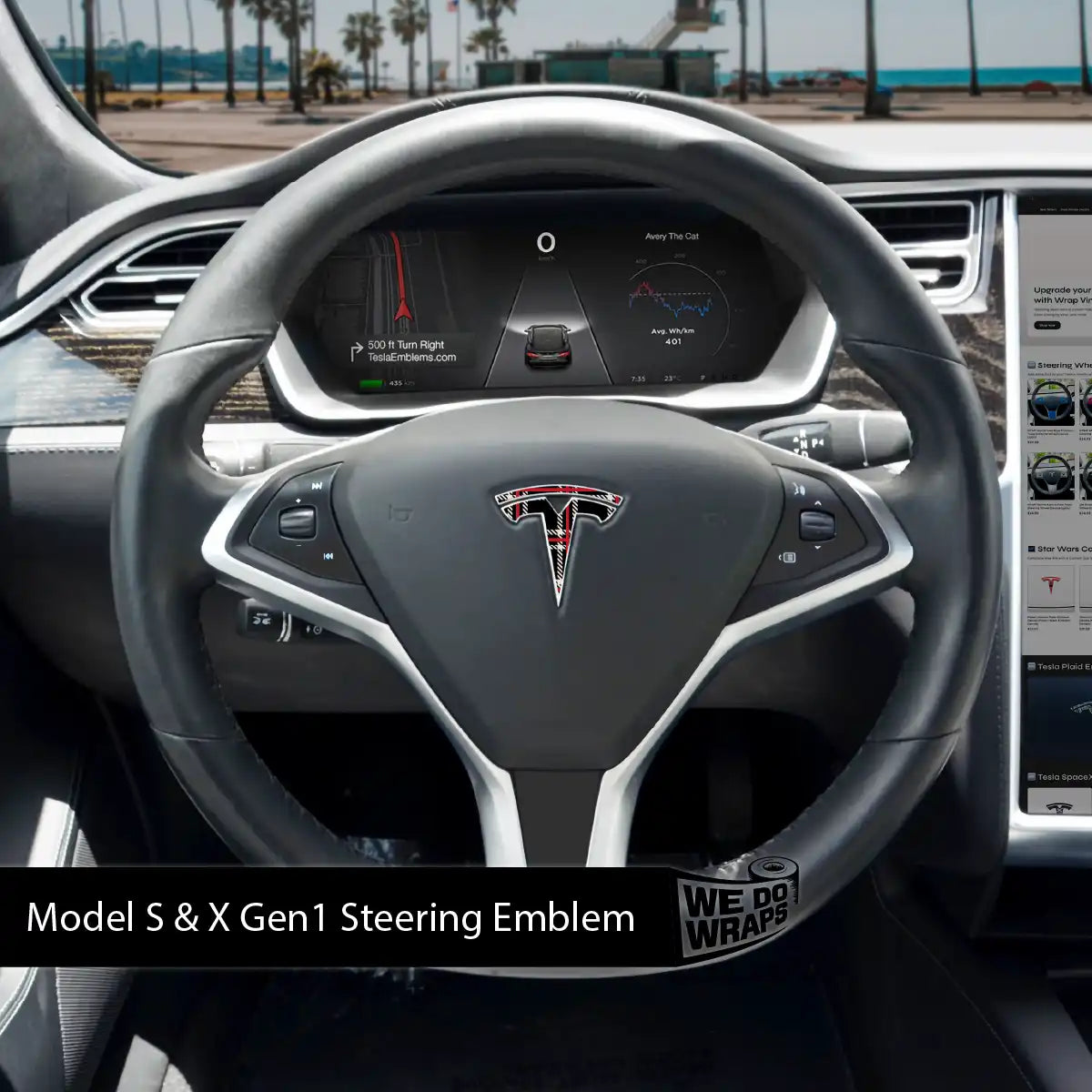 Black Plaid Tesla Steering Wheel Emblem Decal - Tesla Emblems