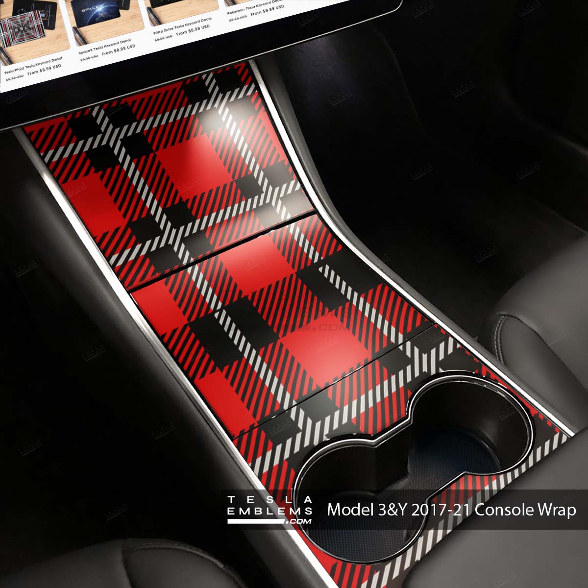 Red Plaid Center Console Wrap Kit | 2017-2021 Model 3 & Y - Tesla Emblems