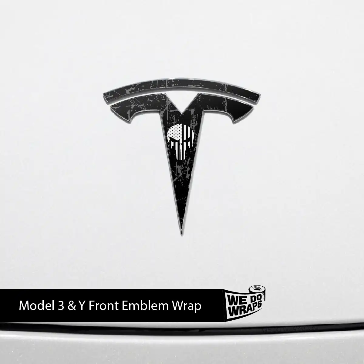 Distressed Skull Tesla Emblem Decals (Front + Back) | Model 3 - Tesla Emblems