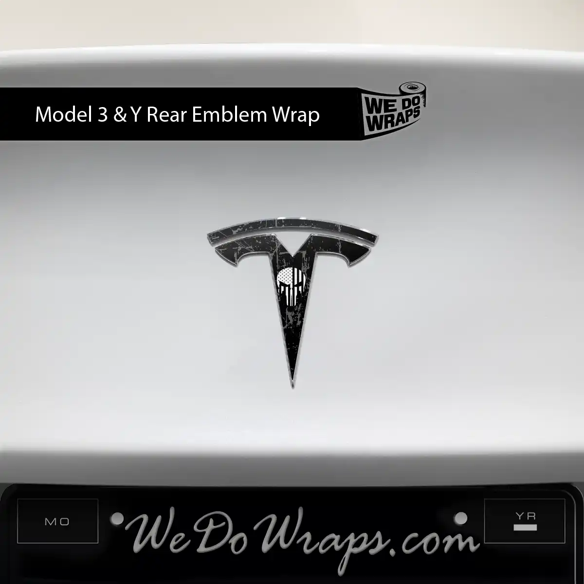 Distressed Skull Tesla Emblem Decals (Front + Back) | Model 3 - Tesla Emblems
