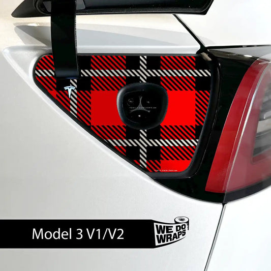 Red Plaid Tesla Charge Port Wrap | Model 3 - Tesla Emblems
