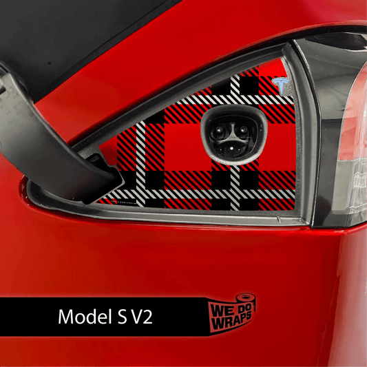 Red Plaid Tesla Charge Port Wrap | Model S - Tesla Emblems