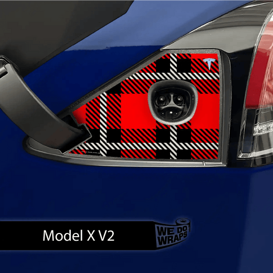Red Plaid Tesla Charge Port Wrap | Model X - Tesla Emblems