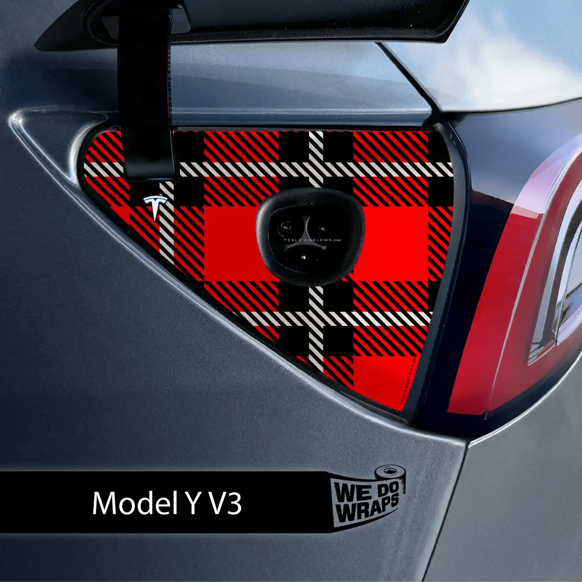 Red Plaid Tesla Charge Port Wrap | Model Y - Tesla Emblems