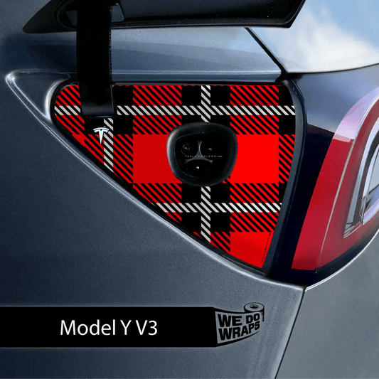 Red Plaid Tesla Charge Port Wrap | Model Y - Tesla Emblems