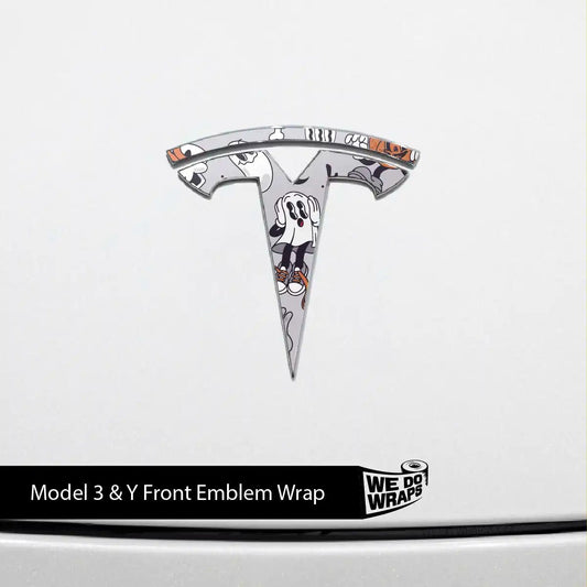 Retro 30s Ghost Tesla Emblem Decals (Front + Back) | Model Y - Tesla Emblems