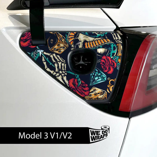 Skull & Rose Tattoo Art Tesla Charge Port Wrap | Model 3 - Tesla Emblems