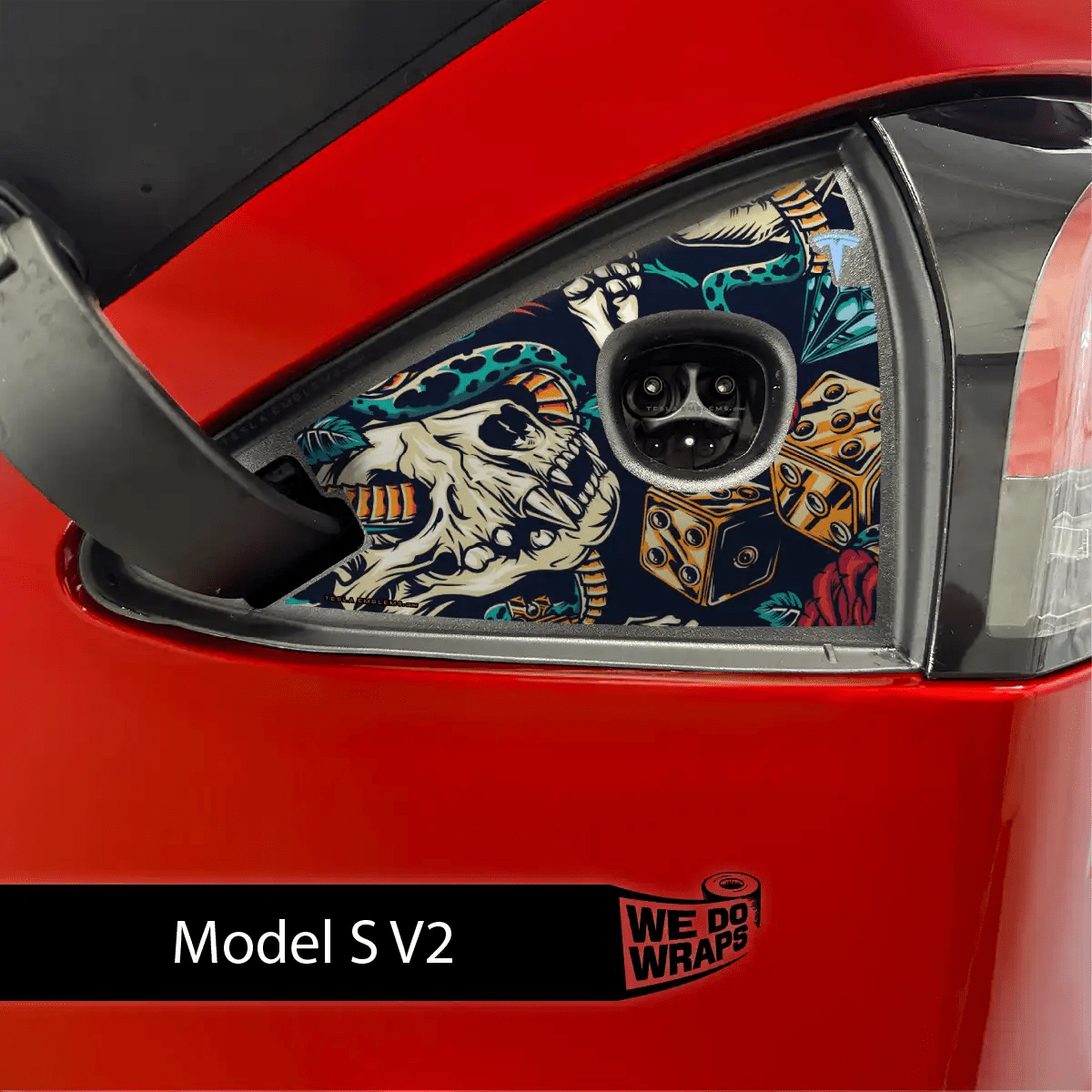 Skull & Rose Tattoo Art Tesla Charge Port Wrap | Model S - Tesla Emblems