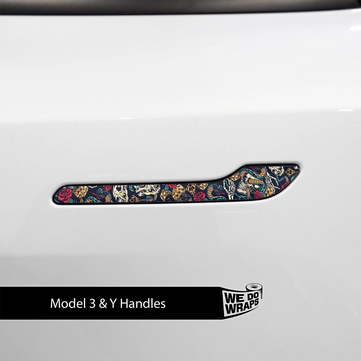 Skull & Roses Tattoo Art Tesla Door Handle Decals (4pcs) - Tesla Emblems