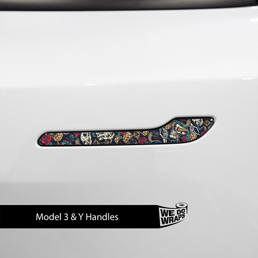 Skull & Roses Tattoo Art Tesla Door Handle Decals (4pcs) - Tesla Emblems