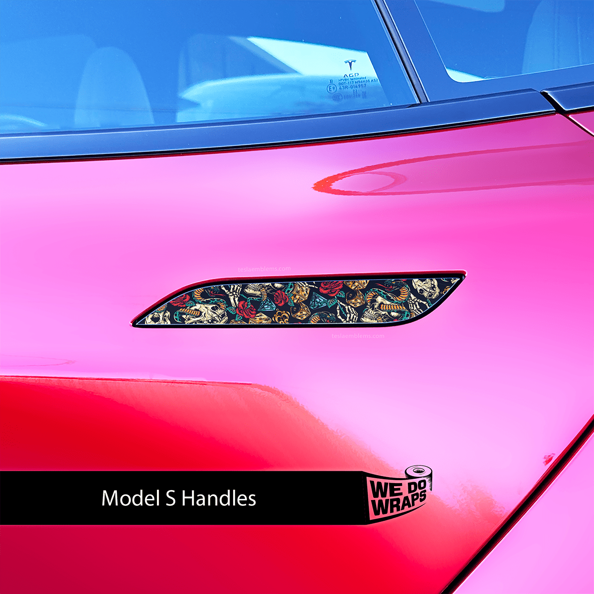 Skull & Roses Tattoo Art Tesla Door Handle Decals (4pcs) - Tesla Emblems