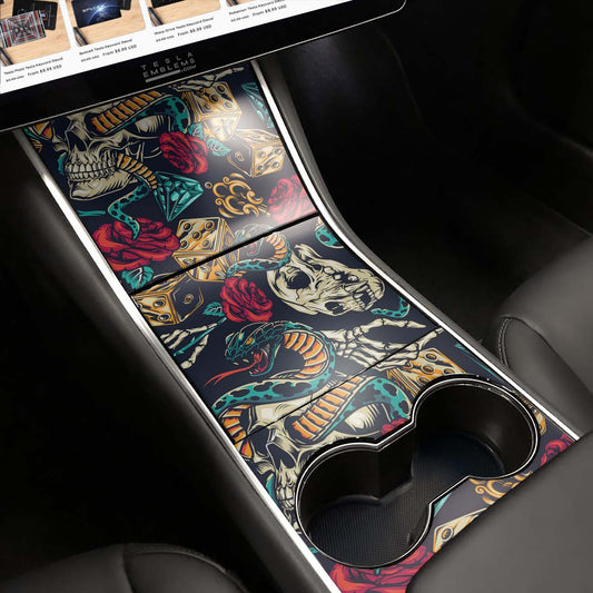 Skull & Rode Tattoo Art Tesla Center Console Wrap Kit | 2017 - 2021 Model 3 & Y - Tesla Emblems