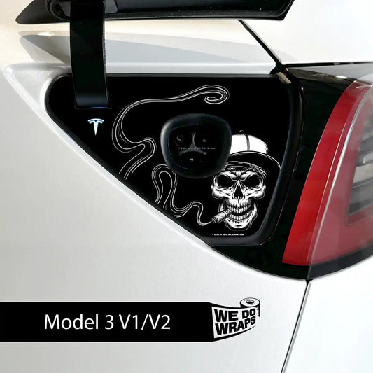 Smoking Skull Art Tesla Charge Port Wrap | Model 3 - Tesla Emblems
