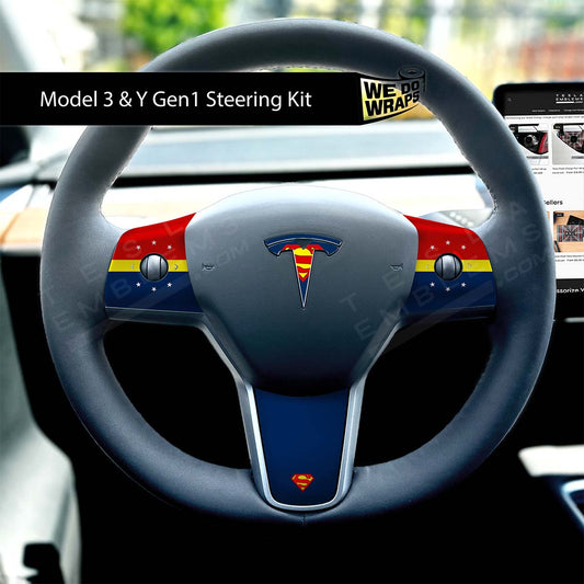 Superman Tesla Steering Wheel Trim Decal Kit (4pcs) | M3 2017 - Jan 2024 - Tesla Emblems