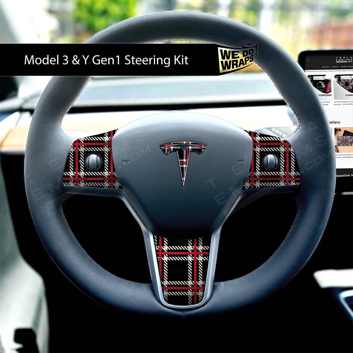 Black Plaid Tesla Steering Wheel Trim Decal Kit (4pcs) | M3 2017 - Jan 2024 - Tesla Emblems
