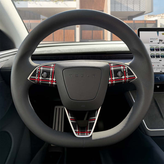 Black Plaid Tesla Steering Wheel Trim Decal Kit (3pcs) | MY 2026+ Refresh - Tesla Emblems