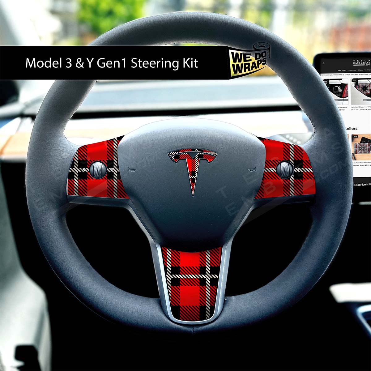 Tartan Plaid Tesla Steering Wheel Trim Decal Kit (4pcs) | M3 2017 - Jan 2024 - Tesla Emblems