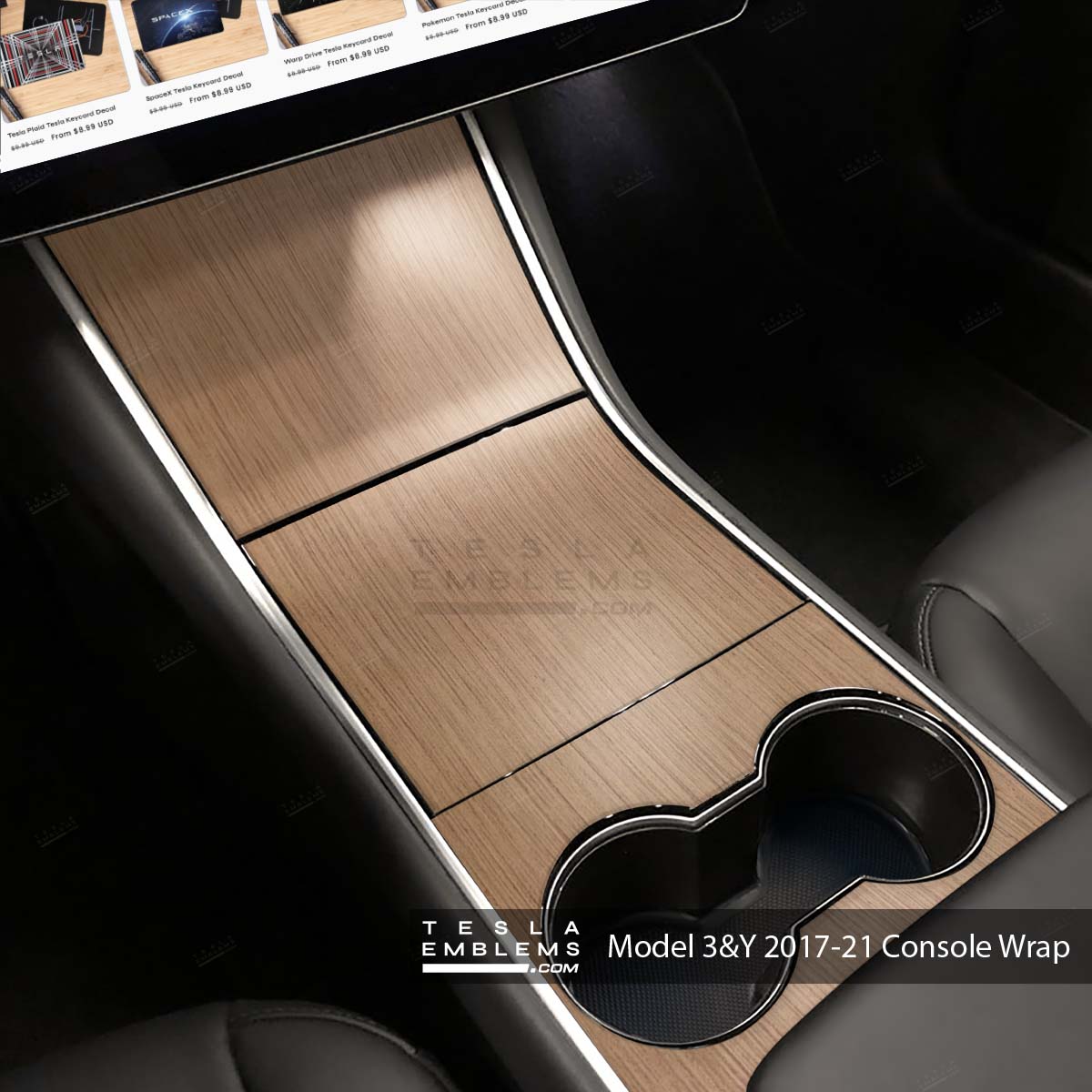 Stock Tesla Woodgrain Center Console Wrap Kit | 2017-2021 Model 3 & Y - Tesla Emblems