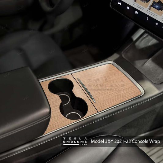 Stock Tesla Woodgrain Center Console Wrap Kit | 2021-2023 Model 3 & Y - Tesla Emblems