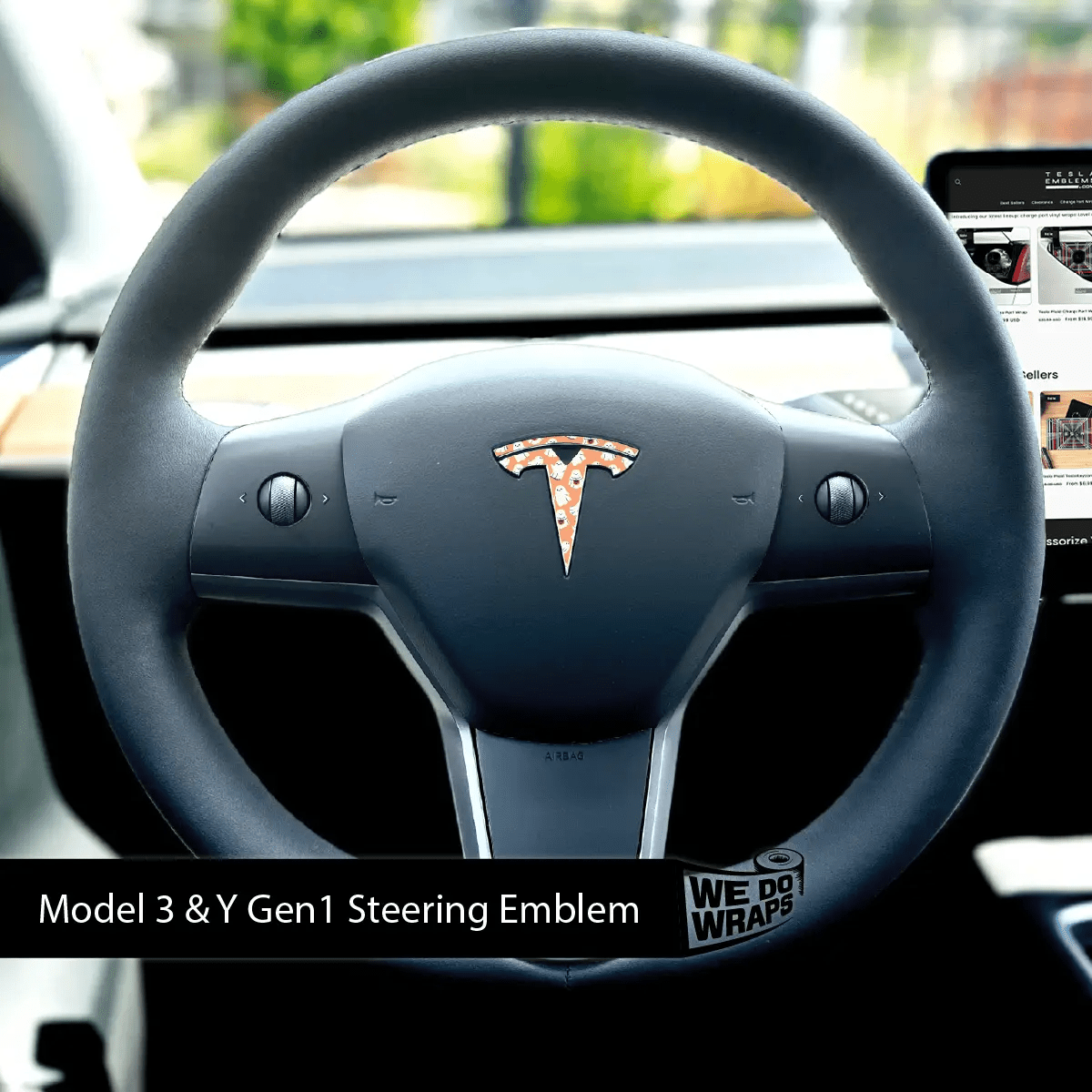 Trick - or - Treat Ghost Tesla Steering Wheel Emblem Decal - Tesla Emblems