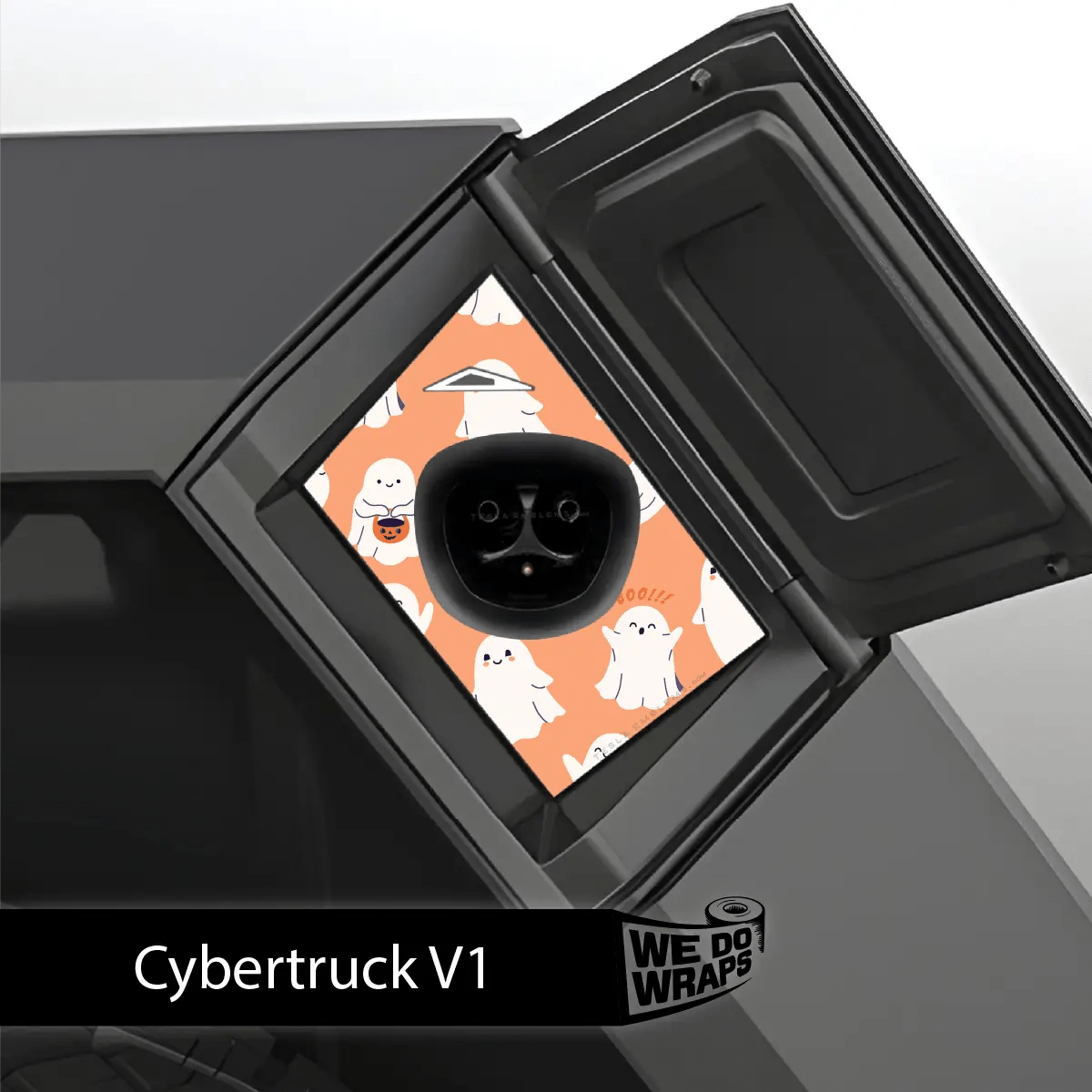 Trick - or - Treat Ghost Tesla Charge Port Wrap | Cybertruck - Tesla Emblems