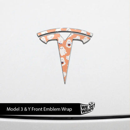 Trick - or - Treat Ghost Tesla Emblem Decals (Front + Back Emblem Decals) - Tesla Emblems