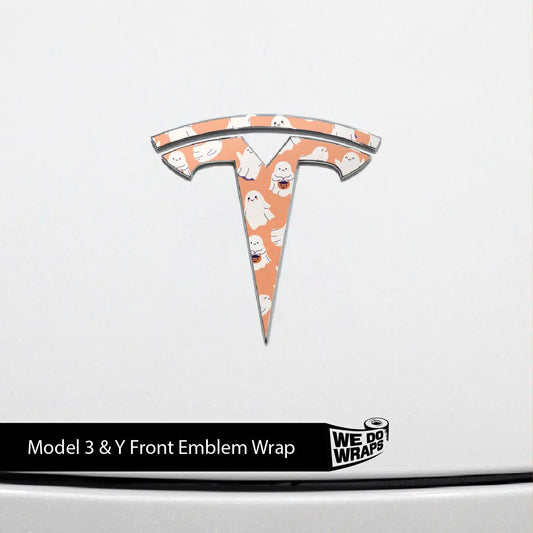 Trick - or - Treat Ghost Tesla Emblem Decals (Front + Back Emblem Decals) - Tesla Emblems