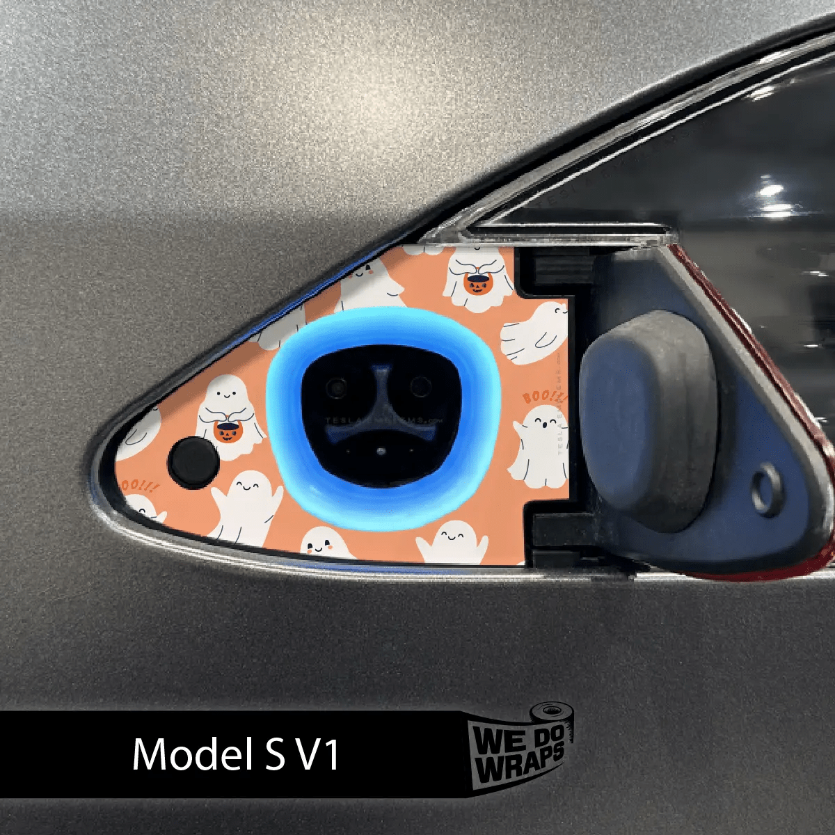 Trick - or - Treat Ghost Tesla Charge Port Wrap | Model S - Tesla Emblems
