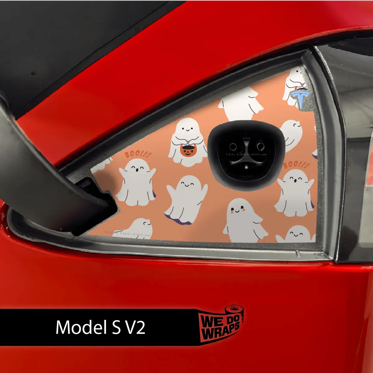 Trick - or - Treat Ghost Tesla Charge Port Wrap | Model S - Tesla Emblems