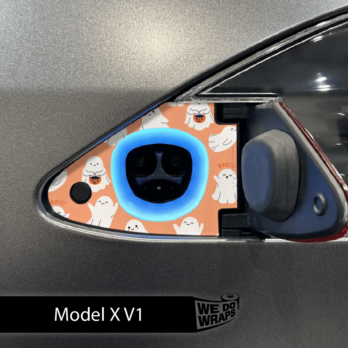 Trick - or - Treat Ghost Tesla Charge Port Wrap | Model X - Tesla Emblems