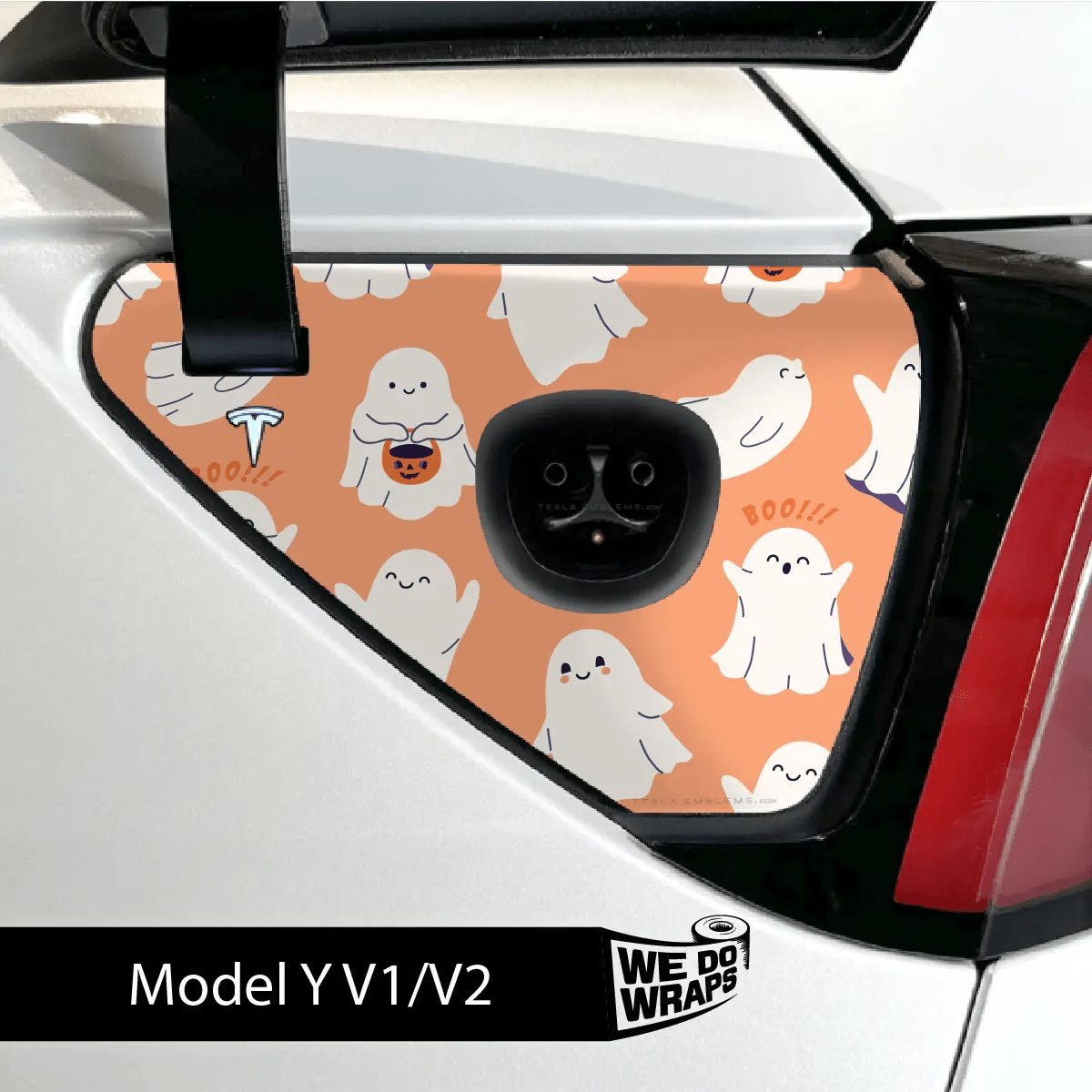 Trick - or - Treat Ghost Tesla Charge Port Wrap | Model Y - Tesla Emblems