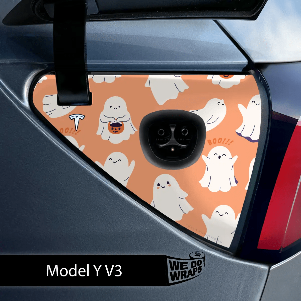 Trick - or - Treat Ghost Tesla Charge Port Wrap | Model Y - Tesla Emblems