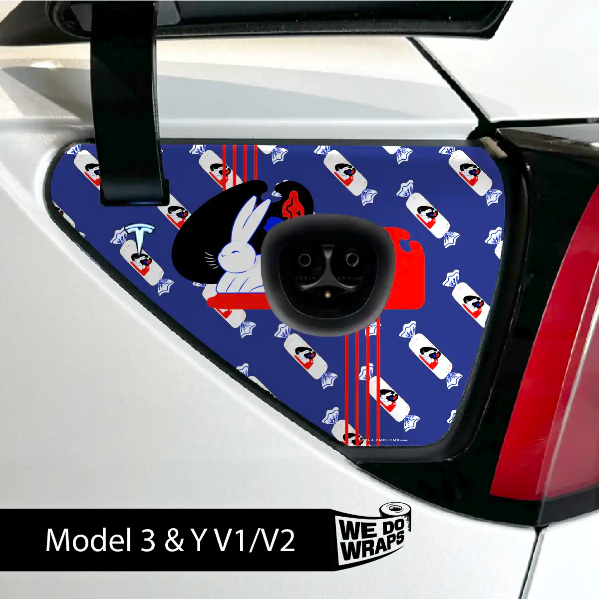 White Rabbit Tesla Charge Port Wrap | Model 3 - Tesla Emblems