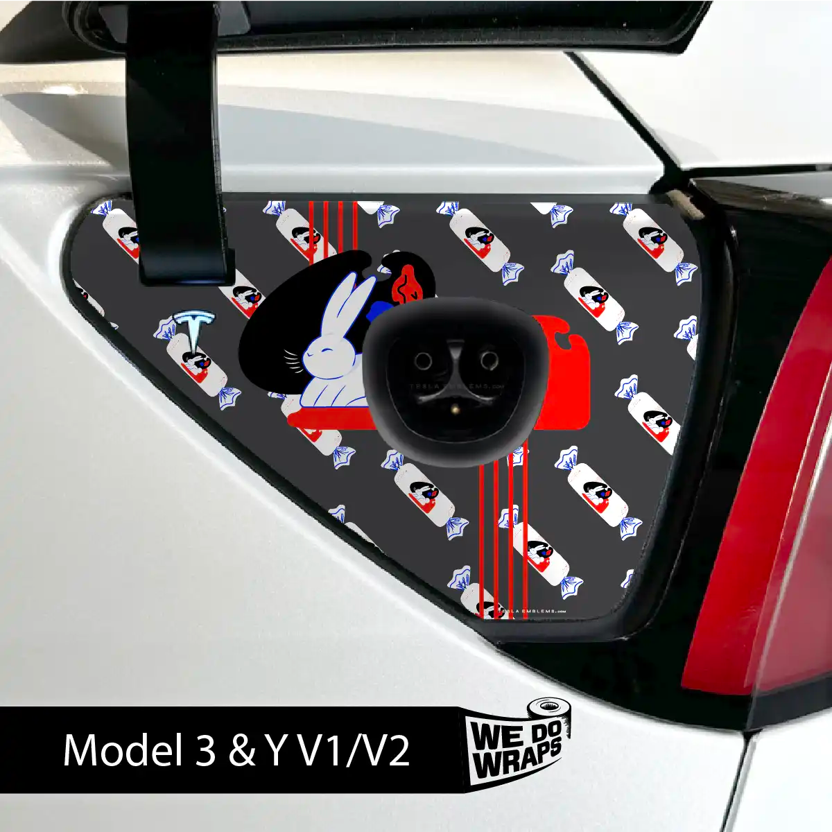 White Rabbit Tesla Charge Port Wrap | Model 3 - Tesla Emblems