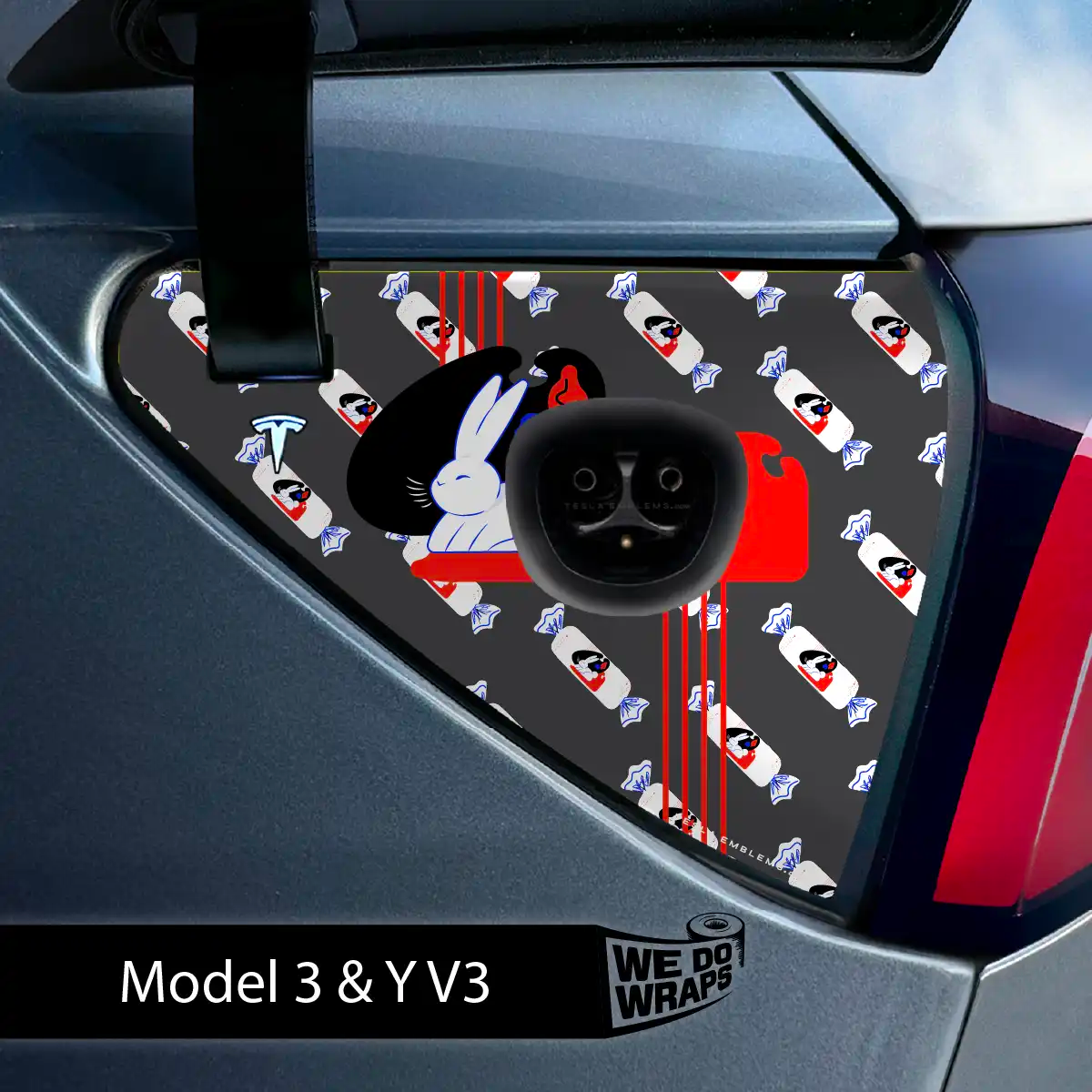 White Rabbit Tesla Charge Port Wrap | Model 3 - Tesla Emblems