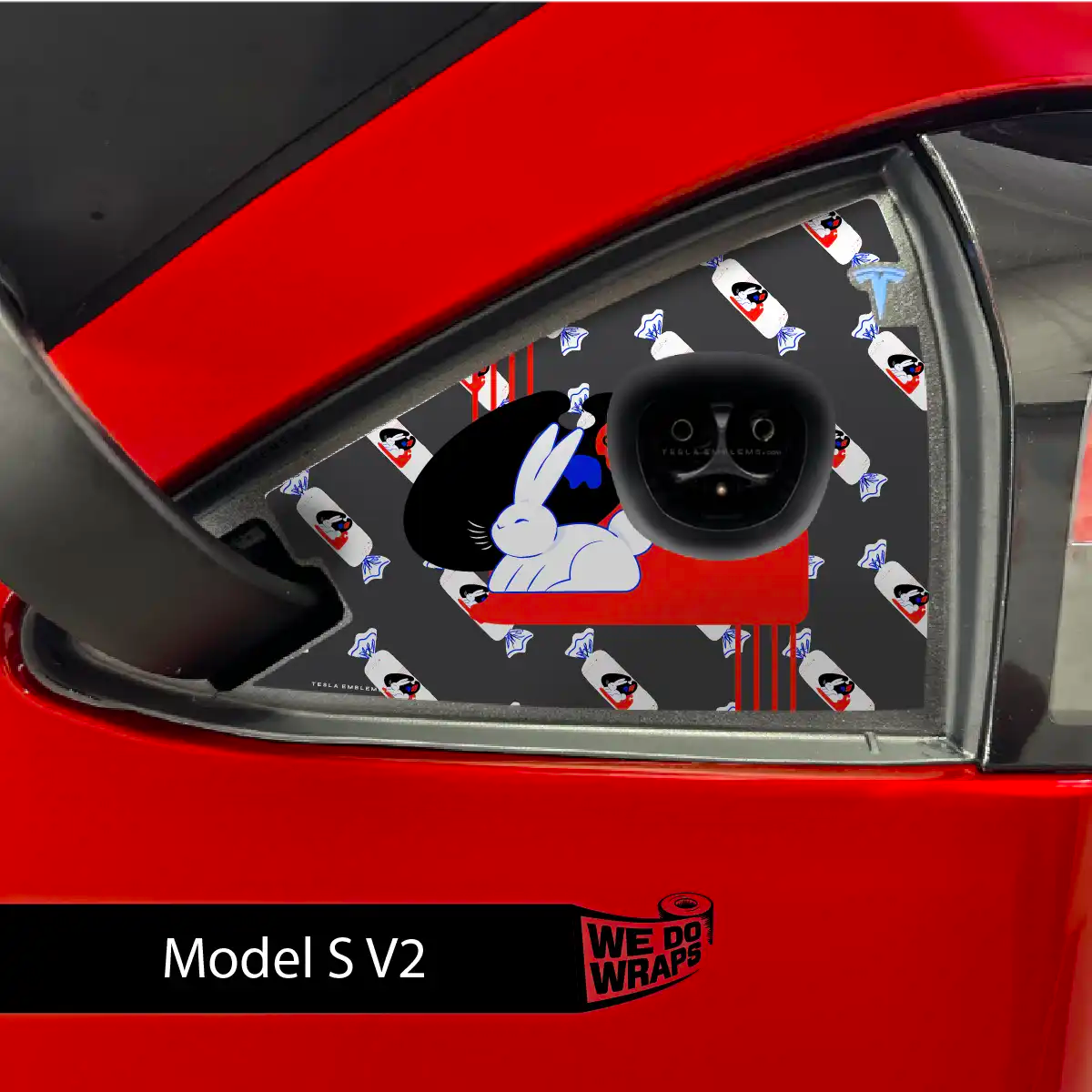 White Rabbit Tesla Charge Port Wrap | Model S - Tesla Emblems