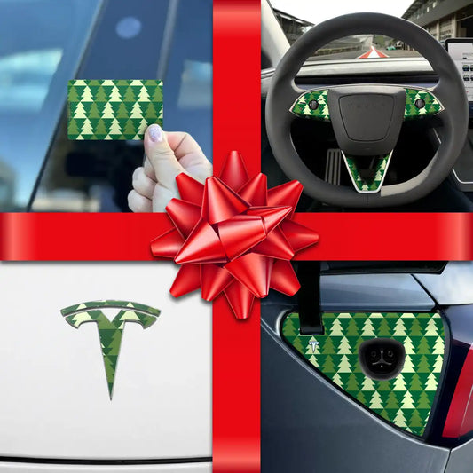 Holiday Bundle Green Xmas Trees Tesla Wrap Kit | Model 3 - Tesla Emblems