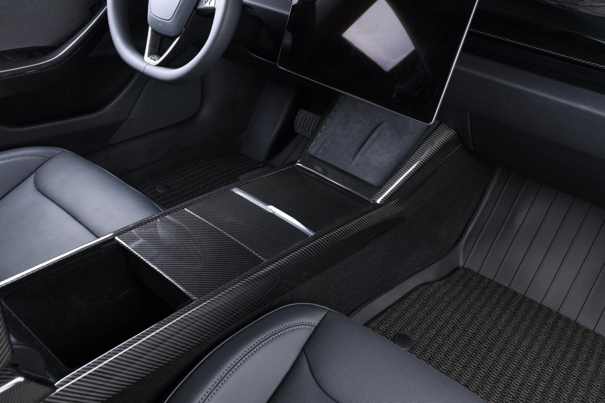 2024+ Tesla Model 3 "Highland" - Glossy Carbon Fiber 3 - Piece Center Console Cover - Tesla Emblems