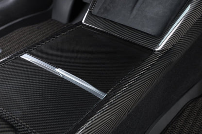 2024+ Tesla Model 3 "Highland" - Glossy Carbon Fiber 3 - Piece Center Console Cover - Tesla Emblems