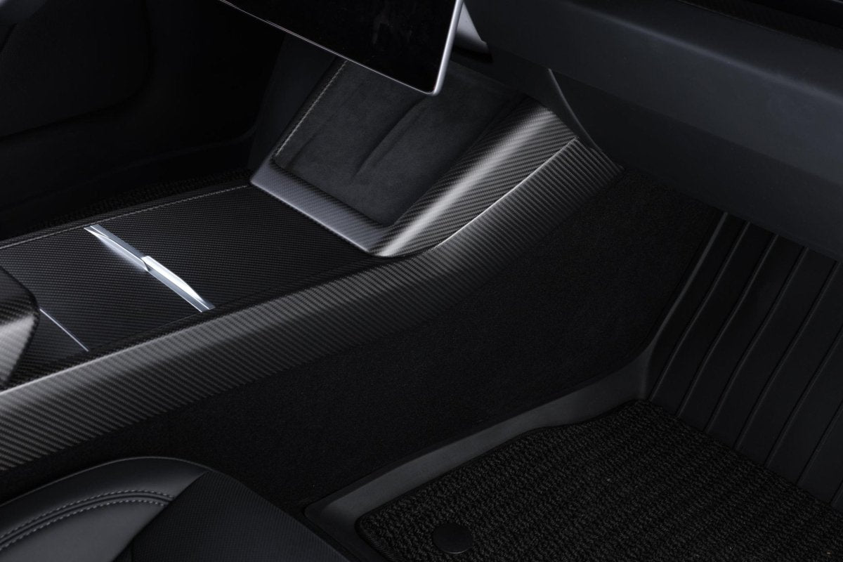 2024+ Tesla Model 3 "Highland" - Dry (Matte) Carbon Fiber 3 - Piece Center Console Cover - Tesla Emblems