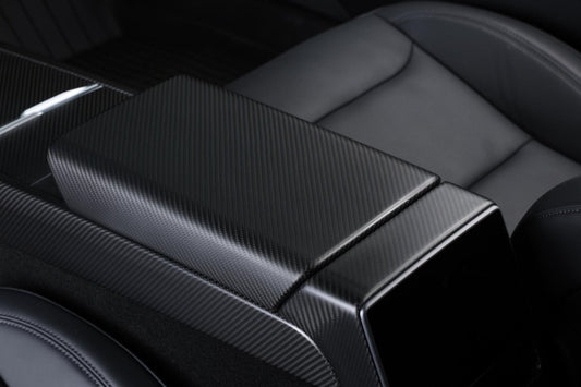 2024+ Tesla Model 3 "Highland" - Matte Carbon Fiber Armrest Cover - Tesla Emblems