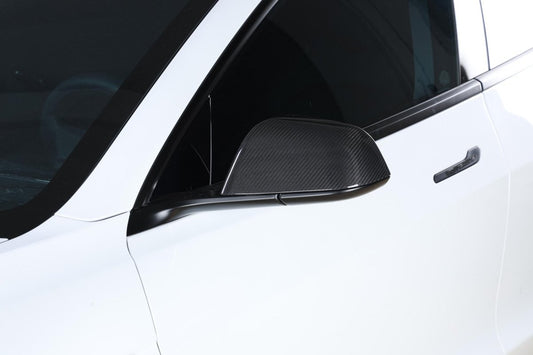 2024+ Tesla Model 3 "Highland" - Glossy Carbon Fiber Side Mirror Covers - Tesla Emblems