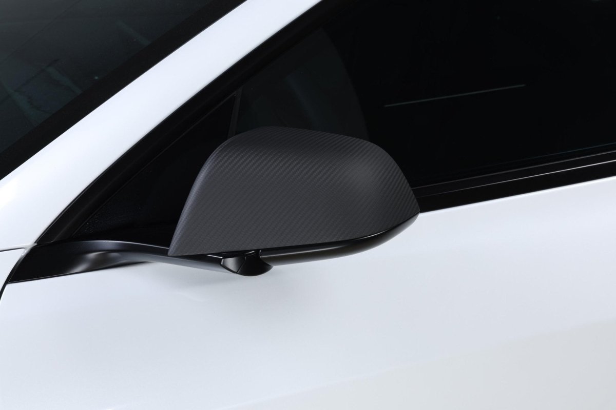 2024+ Tesla Model 3 "Highland" - Matte Carbon Fiber Side Mirror Covers - Tesla Emblems