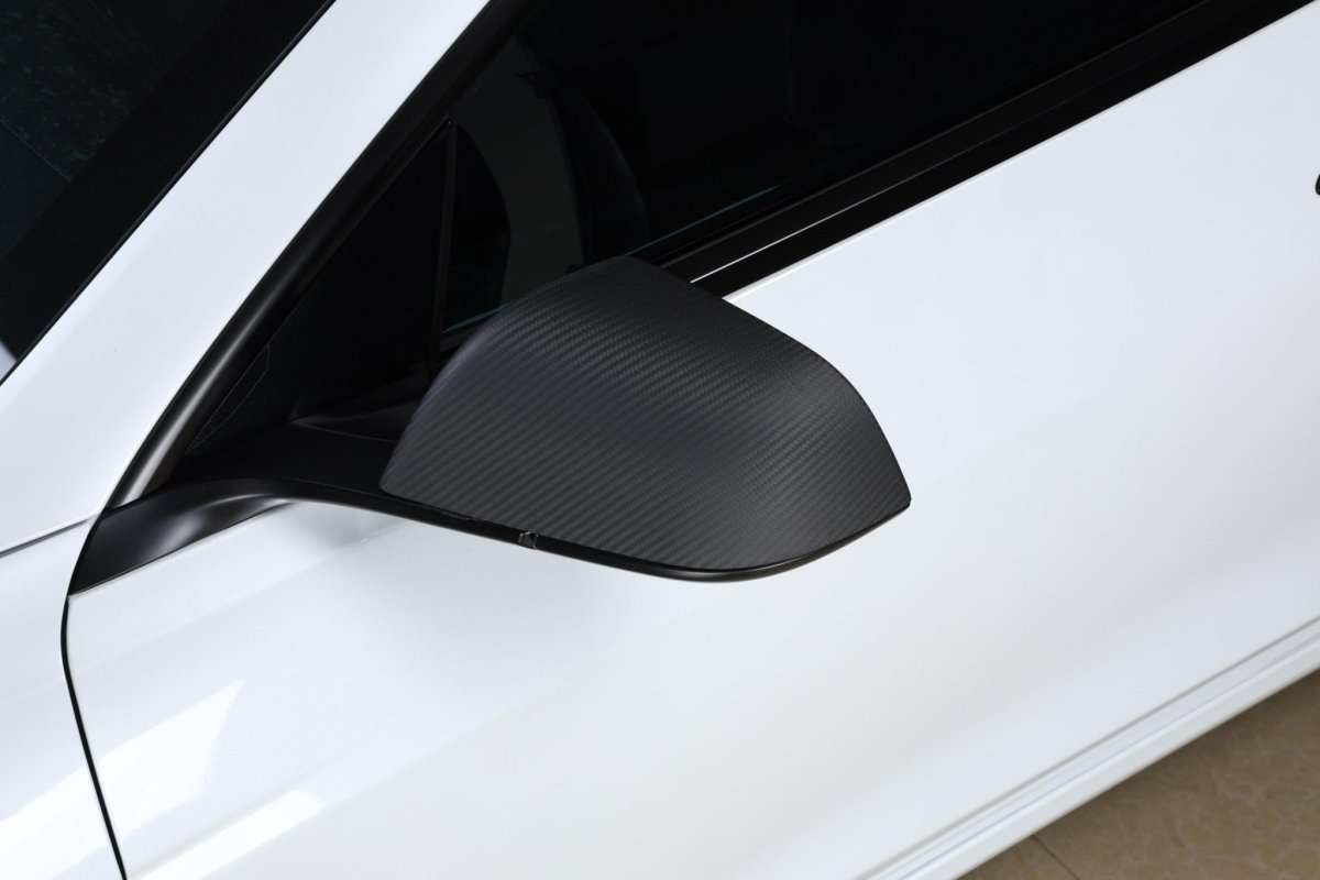 2024+ Tesla Model 3 "Highland" - Matte Carbon Fiber Side Mirror Covers - Tesla Emblems