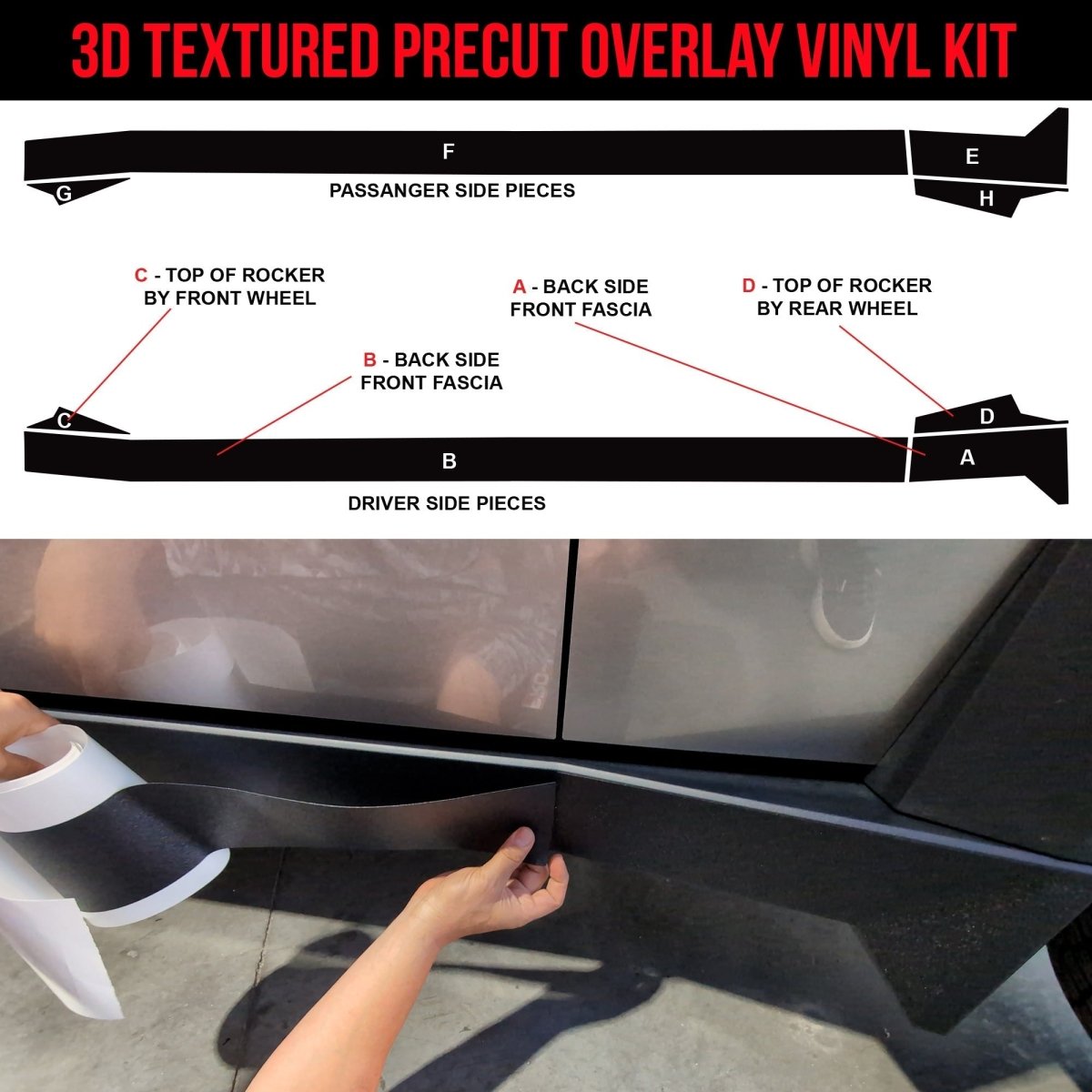 Tesla Cybertruck Rocker Panels DIY Fascia Vinyl Overlay Film Protection Kit Guard - Bed Liner Spray Look | TOProtect - Tesla Emblems