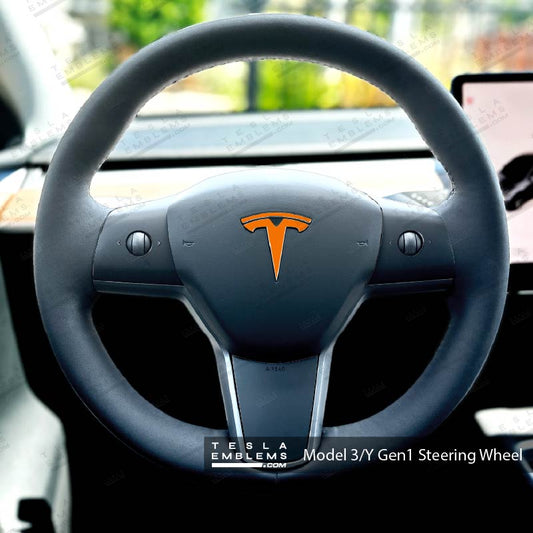 3M Gloss Deep Orange Tesla Steering Wheel Emblem Decal - Tesla Emblems