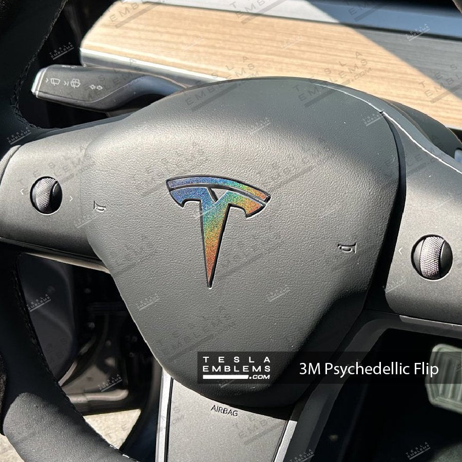 3M Satin Psychedelic Flip Tesla Steering Wheel Emblem Decal - Tesla Emblems